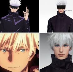 four different images of anime characters with white hair and blue eyes, one in black