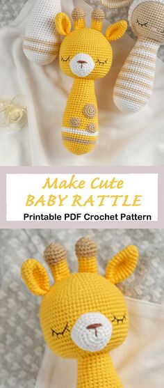 a crocheted giraffe is shown with the text make cute baby rattle