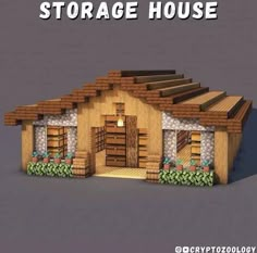 a small house made out of wood with the words storage house on it's side