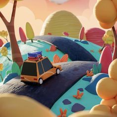 a car with luggage on top is parked in the middle of a colorful, cartoon - like landscape