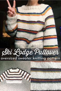 the sweater is knitted with multicolored stripes and has a peace sign on it