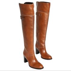 Annia High Boot In Shiny Texan Calfskin With A Contrasting Top Flap That Can Be Worn Down Or Up For An Over-The-Knee Boot. Curved Lines And Contrast Topstitching Are Combined With A Sleek, Elevated Heel Features A Functional Side Half-Zip Closure, Almond Toe, Cutout Detail At Back Topline, Functional Snap Strap At Back Boot Shaft, And 3.25" Stacked High Heel. Condition: New Without Box. Approximate Measurements: 3.25" Stacked High Heel 18.5" Shaft Height 15.25" Circumference Fits True To Size Le Knee-high Cognac Leather Boots, Cognac Leather Heeled Boots For Work, Elegant Leather Heeled Boots In Cognac, Leather Heeled Boots With Buckle And Almond Toe, Chloe Boots, Contrast Topstitching, Chloe Brown, Studded Flats, Chloe Shoes