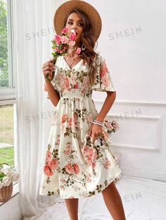 Apricot Boho Collar Short Sleeve Fabric Floral,All Over Print A Line Embellished Non-Stretch  Women Clothing Abigail Dress, Tie Waist Dress, Boho Patterns, Feminine Silhouette, Flounce Sleeve, Fabric Floral, Classy Chic, Inspiration Mode, Chic Boutique