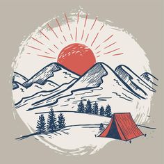 a drawing of a tent in front of mountains with the sun rising over it and trees