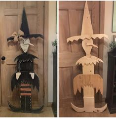 two pictures of halloween decorations on the front and side of a door, one with a scarecrow