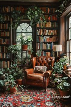 a living room filled with lots of books and plants