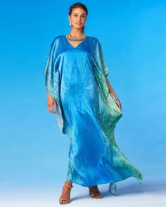 NicoBlu® Delfina Silk Kaftan in Sea Nymph Blues Sea Nymph, Short Kaftan, Casual Luxe, Long Kaftan, Silk Kaftan, Mob Dresses, Pashmina Shawl, Silk Slip, Mediterranean Sea