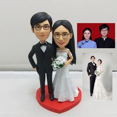 a wedding cake topper with an image of a bride and groom on the side