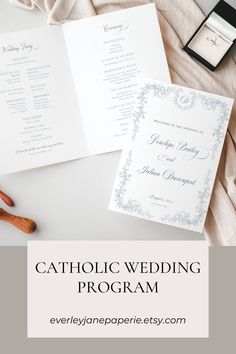 a wedding program with the words catholic wedding program written on it, and an open pocketfold