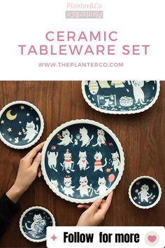 the ceramic tableware set is shown with instructions to make it look like they have cats on them