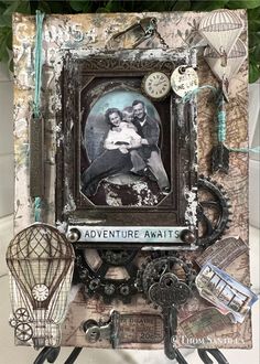 an altered picture frame with various items surrounding it