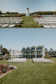 the ceremony site is set up in front of an oceanfront building with white chairs