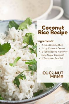 coconut rice recipe in a bowl with green garnish on the top and side