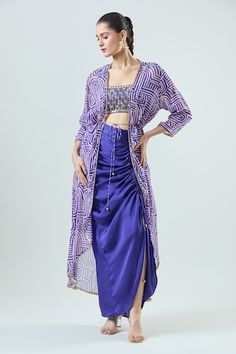 Buy Green Jacket Zari Brocade Embellished Foil Aryana Bead Set With Draped Skirt For Women by Moledro Online at Aza Fashions. Jacket With Skirt, Golden Lace, High Neck Crop Top, Ink Blue