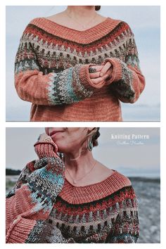 two pictures of the same woman in different sweaters, one with her hand on her shoulder