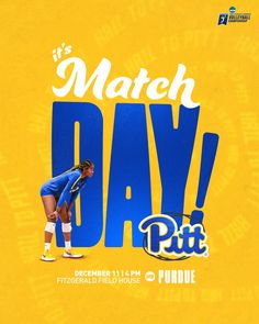 a poster for the match day with a woman in blue and white uniform standing on a yellow background