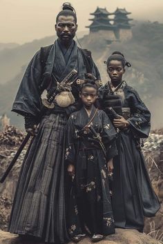 an old photo of three people standing on top of a hill