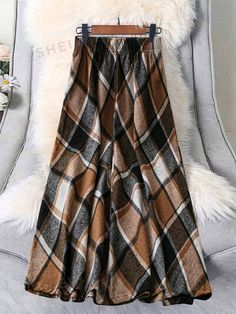 Style:Casual \nType:Flared \nColor:Brown \nPattern Type:Geometric \nWaist Line:Natural \nLength:Midi \nTemperature:Late Fall (10-17℃/50-63℉) \nFit Type:Loose \nFabric:Non-Stretch \nMaterial:Woven Fabric \nComposition:100% Polyester \nCare Instructions:Machine wash or professional dry clean \nSheer:No \n Long Skirt Casual, Long Sleeve Denim Jacket, Skirt Casual, Color Cafe, Plus Size Skirts, Womens Tie, Casual Skirt, Flared Skirt, Outdoor Wear