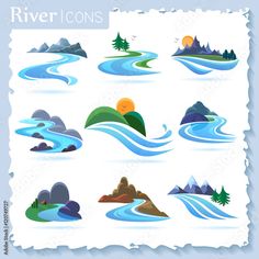 river icon set in flat style on white background with torn paper texture and water waves