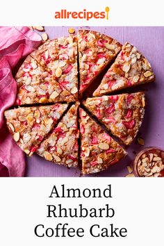 almond rhubar coffee cake on a purple background