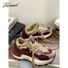 Tavimart Vintage Red Womens Sports Shoes Casual Winter Padded Warm Chunky Sneakers Ladies Platform Comfortable New Athletic Shoes Red Chunky Sneakers, Sporty Red Sneakers For Fall, Red Lace-up Walking Sneakers, Burgundy Lace-up Sneakers For Sports, Burgundy Lace-up Sports Sneakers, Burgundy Sports Sneakers With Cushioned Footbed, Red Sneakers With Round Toe For Walking, Sports Sneakers With Cushioned Footbed In Burgundy, Burgundy Cushioned Sneakers For Sports