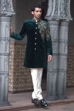 Emerald green full sleeves band collar sherwani with Cosmo bloom inspired embroidery. Paired with a trouser. - Aza Fashions Trouser Men, Trouser For Men, Trouser Pattern, Velvet Embroidery, Velvet Color, Band Collar, Full Sleeves, Mens Trousers, Aza Fashion