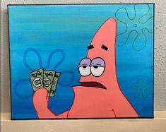 a painting of a cartoon character holding money in one hand and an octopus on the other