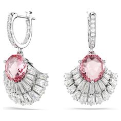 Dip into the calming spirit of the ocean with these graceful Hyperbola earrings. Connected to mini hoops adorned with clear crystals, each shell design is rhodium plated and embellished with an array of clear Swarovski Zirconia, as well as a bright pink central crystal. Wear this nature-inspired jewelry every day to let your style shine. Floating Earrings, Pink Drop Earrings, Shell Pink, Shell Design, Nature Inspired Jewelry, Clear Crystals, Swarovski Earrings, Swarovski Jewelry, Pink Earrings