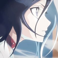 an anime character with long black hair and blue eyes looking to the side, in front of a blurry background