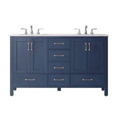 a double sink vanity with two faucets on the top and three sinks below