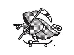 a black and white drawing of a person on a skateboard with an umbrella over their head