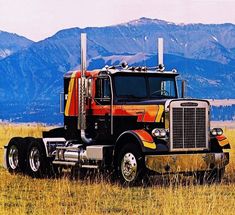 a large semi truck parked in a field with mountains in the background