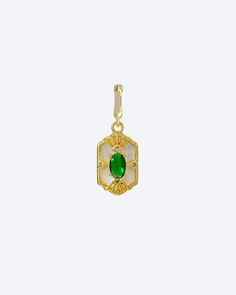 Crafted with a captivating emerald green zircon at its center, this charm is encased in a hexagonal shell frame, exuding elegance and uniqueness.💎 Gold-Plated Recycled Brass*Please note these clip-on charms are only suitable for necklaces and bracelets with under 4mm chain width or beaded pieces. Green Pendant Jewelry With Charms, Green Pendant Charms For Gifts, Green Pendant Jewelry With Vintage Charm, Green Vintage Charm Pendant Jewelry, Green Octagon Birthstone Jewelry, Elegant Green Charms For Gifts, Elegant Green Jewelry With Vintage Charm, Shell Frame, Clip On Charms