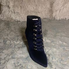 Velvet Bootie, New, Never Worn, Sz 7. I Love This Boot, Unfortunately It Runs Too Small For Me. Blue Lace-up Formal Boots, Blue Boots For Fall Night Out, Italian Leather Boots, Brown Block Heels, Cap Toe Boots, Platform Heels Boots, Brown Suede Boots, Block Heel Ankle Boots, Leather Block Heels