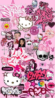 a bunch of stickers that are on a pink background with the words hello kitty