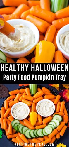 healthy halloween party food pumpkin tray with hummus, carrots and cucumbers