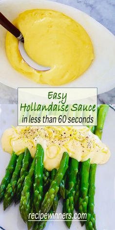 asparagus and hollandaise sauce in less than 60 seconds on a white plate