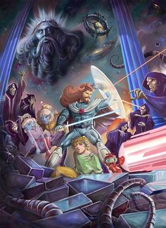 an image of a group of people in space with aliens and other things around them