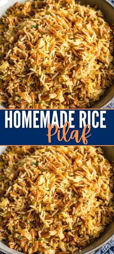 two pictures of rice in a pan with the words homemade rice place next to it