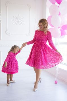 Mommy And Me Dress Photoshoot, Formal Dresses For Wedding, Mother And Daughter Hot Pink Dresses Mommy and Me party outfits in hot pink color made of lace with 3D flower appliques, fully cotton lined. Girl dress has tulle petticoat for extra fullnest. Mommy`s outfit is midi length A line dress with long sleesves. Daughter`s dress is below knee length tutu dress. Dresses can be tailored in different colors - peach, blush pink, lillac,  purple, emerald, navy blue, baby blue, royal, hot pink, grey, Mother Photography, Mommy And Me Dress, Mother Daughter Wedding, Dress Photoshoot, Mother Daughter Dress