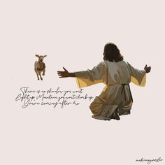 a painting of jesus with his arms outstretched in front of a goat that is jumping up into the air