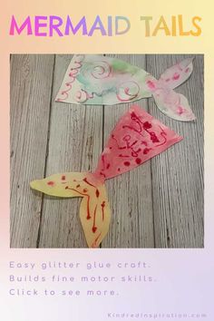 an image of mermaid tails made out of paper and crafting glue on wood planks