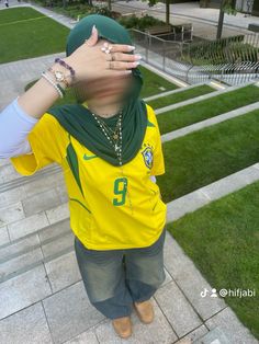 hijabi outfit inspiration, brazil football jersey, street wear y2k fits Hijabi Baggy Jeans Outfit, Morocco Jersey Outfit, Hijabi Basketball Outfit, Hijabi Jersey Outfit, Hijab Styles Jersey, Hijabi Swimsuit, Jersey Hijab Outfit, Hijabi Y2k Outfits, Girly Street Wear