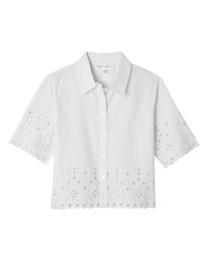 Chelsea & Theodore Women's Elbow Sleeve Embroidery Cropped Shirt | JANE + MERCER Sleeve Embroidery, Sketch Ideas, Cropped Shirt, Elbow Sleeve, Summer Months, Sweater Pants, Knit Pants, Button Front Shirt, Sweater Blouse