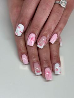 #BirthdayNails #NailArt #BirthdayManicure #CelebrationNails #PartyNails #GlitterNails #CuteNails #NailDesigns #BirthdayStyle #FestiveNails Nail Design Pink And White, Acrylic Nail Designs Cherry, Basic Pink Nail Designs, Gel Nails With Bows, Pink Bow Acrylic Nails, Pink Nails Girly, Nails With A Bow Design, Bow Pink Nails, Cute Girly Nail Designs