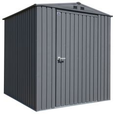 a gray metal storage shed with the door open to show it's side view