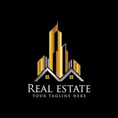 the real estate logo is shown in gold and silver on a black background with an image of two skyscrapers