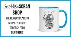 a blue and white coffee mug with the words scottish shop on it in different languages