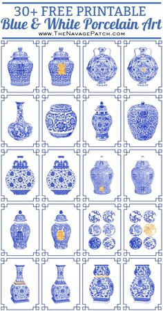 the blue and white porcelain art print is shown in several different styles, including vases