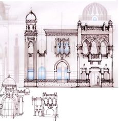 an architectural drawing of a building with arches and windows